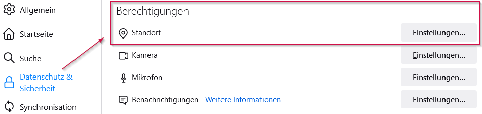 In den Browser-Einstellungen können die Berechtigungen auf den Standort im Bereich Datenschutz verwaltet werden (hier am Beispiel des Browser Mozilla Firefox).