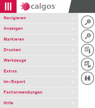 Die Abbildung zeigt das geöffnete Hamburger-Menü mit Untermenüs sowie daneben positionierte (hier: rechts) Schnellauswahl-Buttons. Die Abbildung zeigt das geöffnete Hamburger-Menü mit Untermenüs sowie daneben positionierte (hier: rechts) Schnellauswahl-Buttons.
